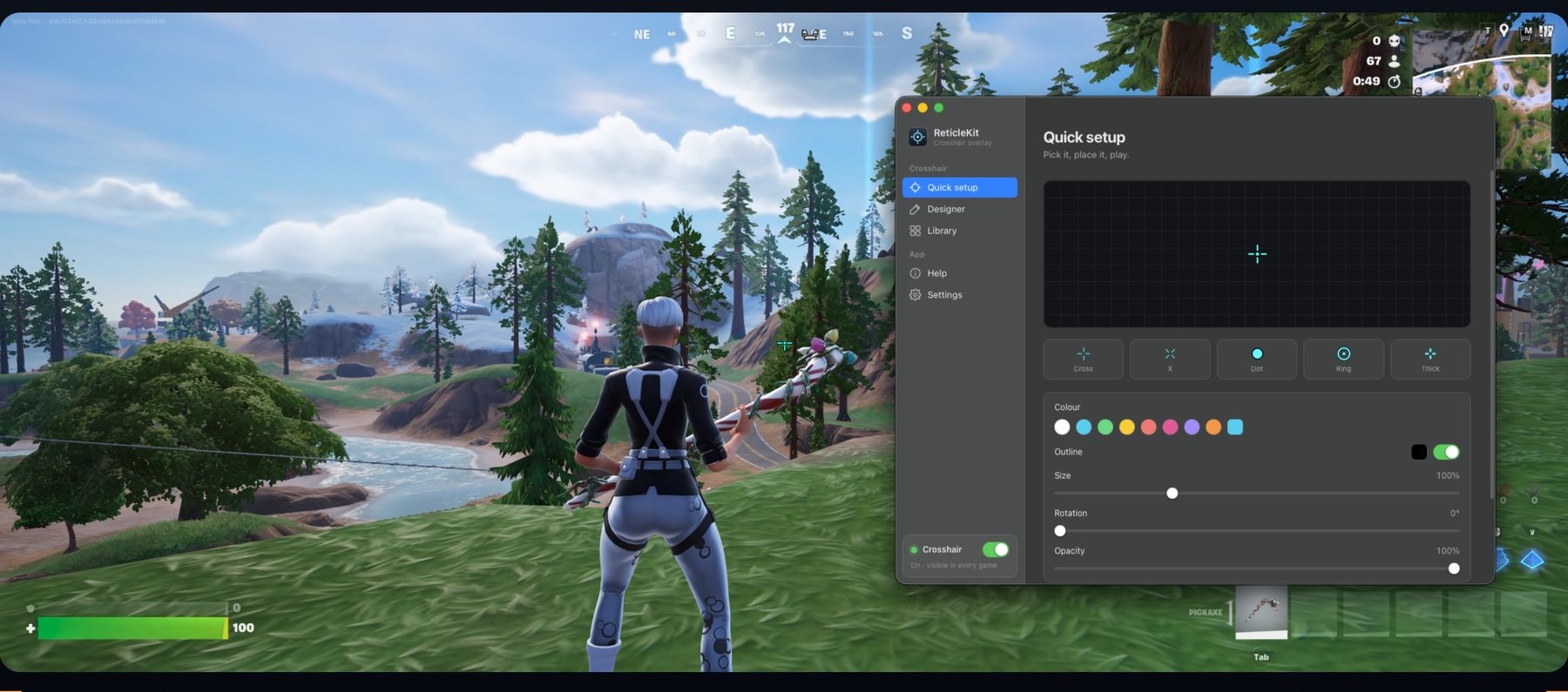 Fortnite running fullscreen with the ReticleKit window open on Quick setup, a cyan cross drawn over the game.